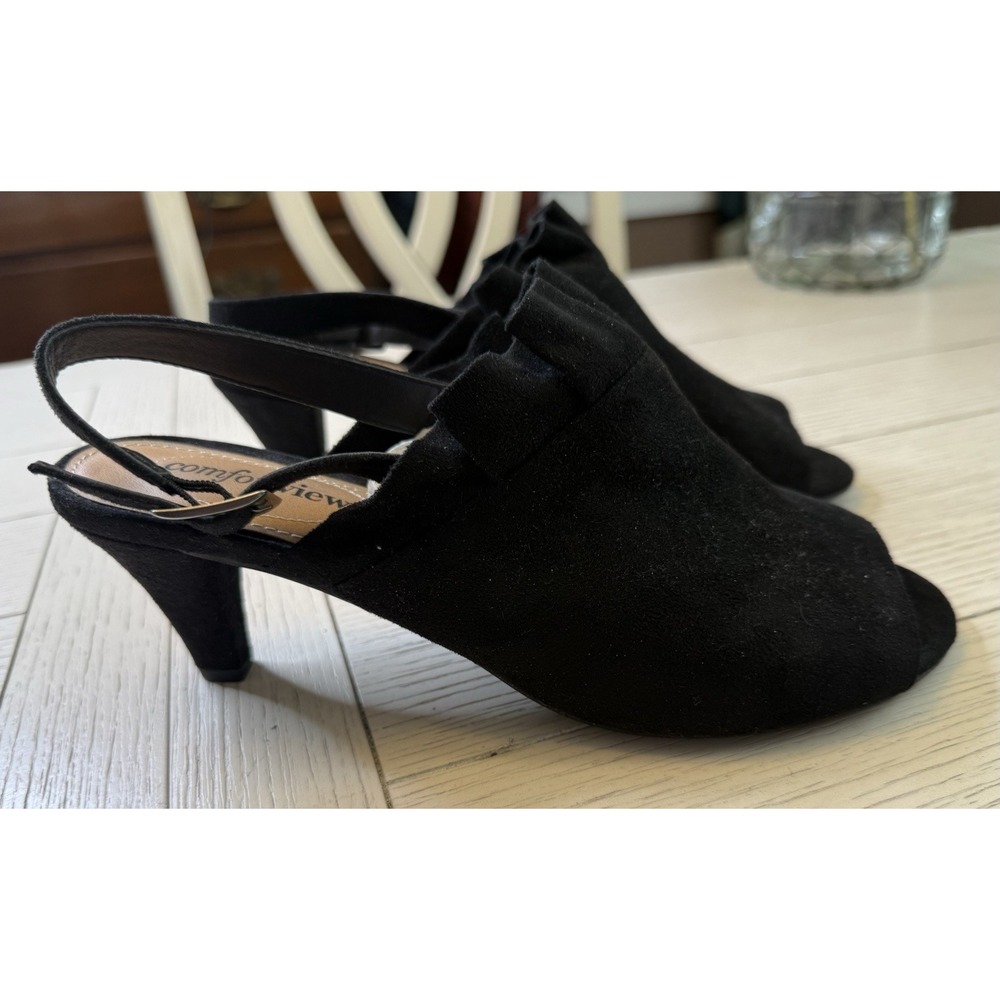 Comfortview Women Blk 8.5 Suede-Like 2.5" Slingback Open‎ Toe Pumps Shoes Ruffle